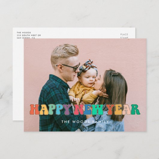 Cartes Pour Fêtes Annuelles Retro 60s Hippie Fun Bonne Année photo (Devant / Derrière)