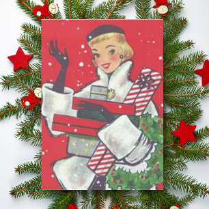 Cartes Pour Fêtes Annuelles Retro années 1950 Noël Shopping Girl Vintage