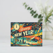 Cartes Pour Fêtes Annuelles Retro Atomic Space Age New Year (Debout devant)