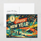 Cartes Pour Fêtes Annuelles Retro Atomic Space Age New Year (Devant / Derrière)