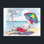 Cartes Pour Fêtes Annuelles Retro Beach Santa Claus Noël<br><div class="desc">Sur cette mignonne carte postale, le Père Noël a changé de lieu. Il se détend en shorts surfeurs rouges sur une plage de sable au bord de l'océan, avec un parapluie coloré à l'ombre, mais portant toujours son chapeau de Père Noël caractéristique. Un poteau de sucre de canne rayé est...</div>
