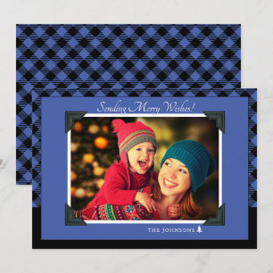Cartes Pour Fêtes Annuelles Retro Black and Blue Buffalo Check Christmas Photo