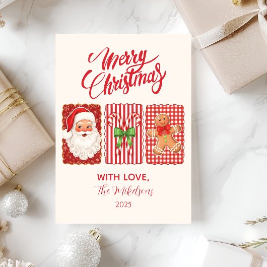 Cartes Pour Fêtes Annuelles Retro Gingham Santa Gingerbread Christmas