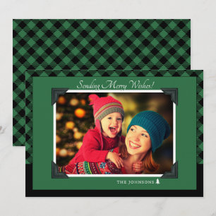 Cartes Pour Fêtes Annuelles Retro Green Buffalo Check Photo de Noël