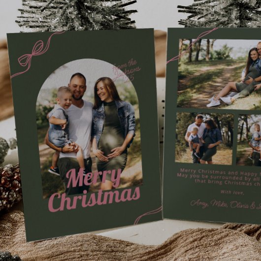 Cartes Pour Fêtes Annuelles Retro Green & Pink Bow Arche Photo Noël