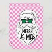Cartes Pour Fêtes Annuelles Retro Groovy Pink Checkered Santa Claus Christmas (Devant / Derrière)