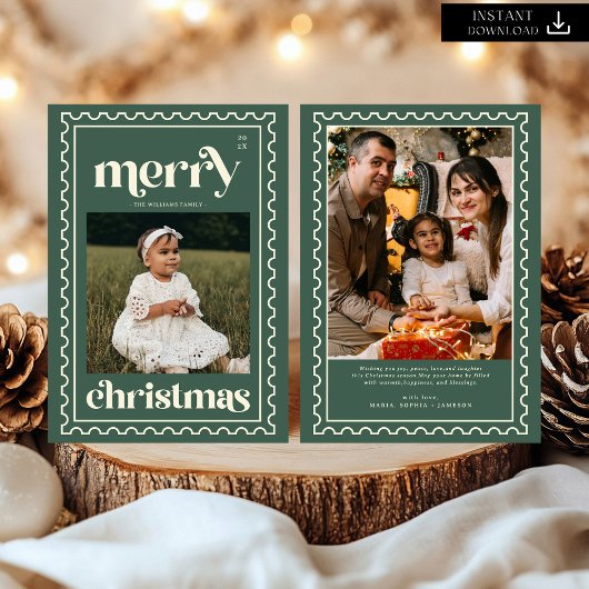 Cartes Pour Fêtes Annuelles Retro Joyeux Noël Timbre Photo Famille Vacances