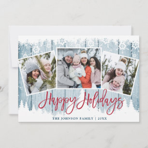 Cartes Pour Fêtes Annuelles Retro Noël Rustic Blue Wood 3 PHOTO Salutation