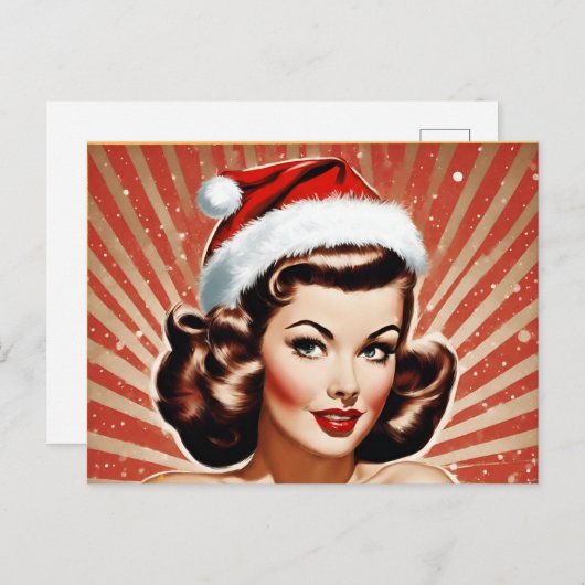 Cartes Pour Fêtes Annuelles Retro Pin Up Fille Noël (Devant / Derrière)