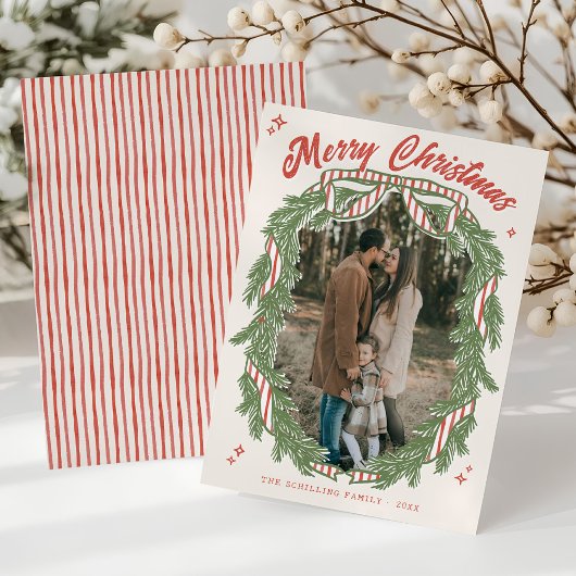 Cartes Pour Fêtes Annuelles Retro Quirky Hand Drawn Wreath Bow Photo Christmas