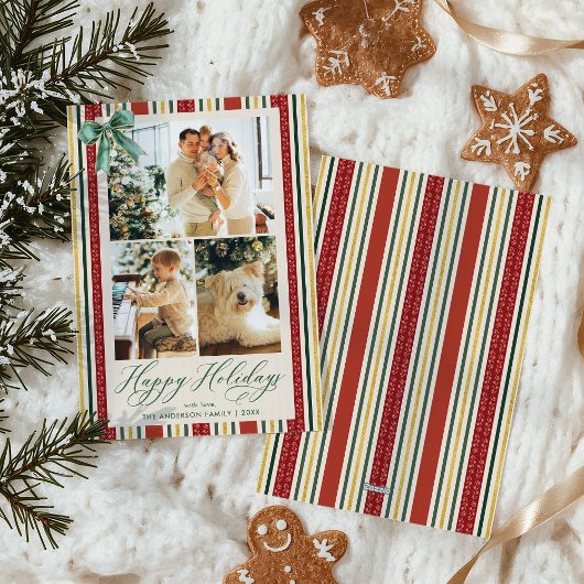 Cartes Pour Fêtes Annuelles Retro Red Gold Stripes Bow Happy Holidays 3 Photo