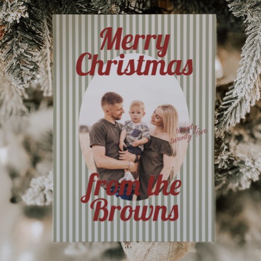 Cartes Pour Fêtes Annuelles Retro Red Green Stripes Boho Oval Photo Noël