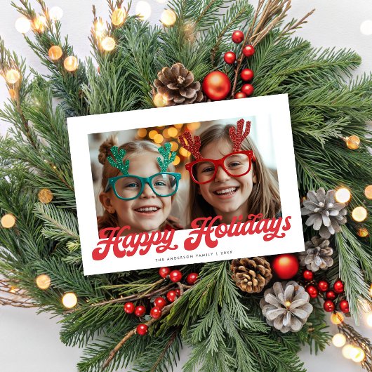 Cartes Pour Fêtes Annuelles Retro Red Script Happy Holidays One Photo