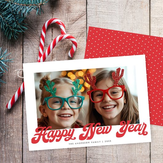 Cartes Pour Fêtes Annuelles Retro Red Script Happy New Year One Photo
