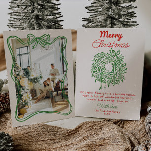 Cartes Pour Fêtes Annuelles Retro Rouge Main Tirée Bow Wreath Photo Noël