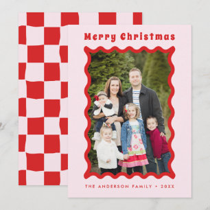 Cartes Pour Fêtes Annuelles Retro Rouge rose Wavy Frame Photo Joyeux Noël