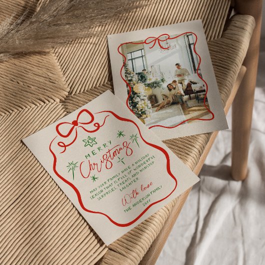 Cartes Pour Fêtes Annuelles Retro Rouge vert main tiré Quirky Bow Noël