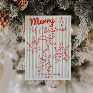 Cartes Pour Fêtes Annuelles Retro Rouge Vert souriant Arbres de Noël Non Photo