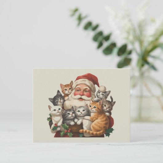 Cartes Pour Fêtes Annuelles Retro Santa Claus & Kittens Noël hiver 90s (Debout devant)