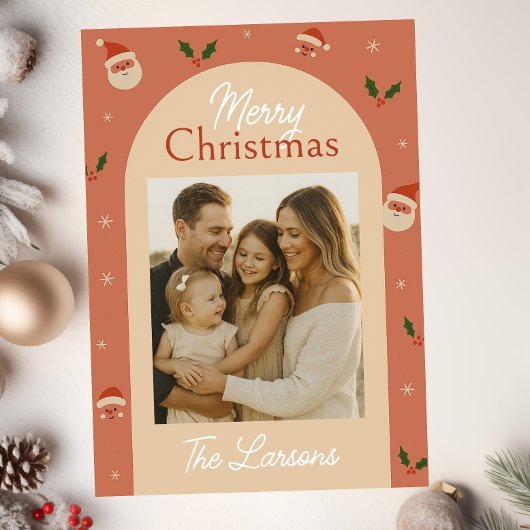 Cartes Pour Fêtes Annuelles Retro Santa & Holly Arch Christmas Card