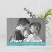 Cartes Pour Fêtes Annuelles Retro Script Peace On Earth Christmas Card (Aqua) (Debout devant)