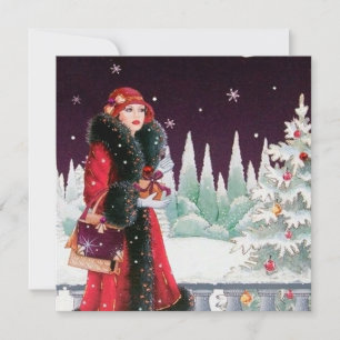 Cartes Pour Fêtes Annuelles retro vintage art déco dame ajouter texte Noël