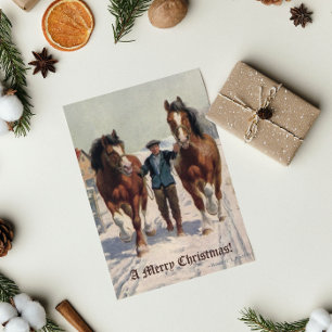 Cartes Pour Fêtes Annuelles Retro Vintage Merry Christmas Village Horses Snow