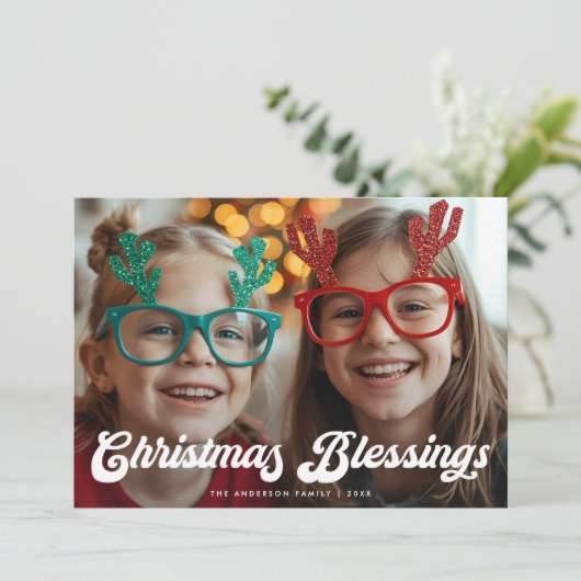 Cartes Pour Fêtes Annuelles Retro White Script Christmas Blessings One Photo (Debout devant)