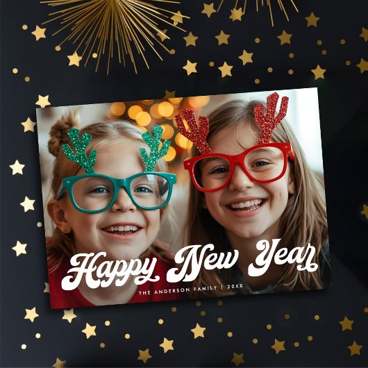 Cartes Pour Fêtes Annuelles Retro White Script Happy New Year One Photo