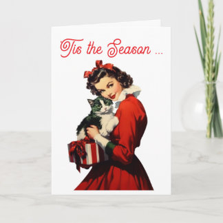 Cartes Pour Fêtes Annuelles Retro Woman in Red & Cat Warm Hugs 