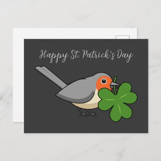 Cartes Pour Fêtes Annuelles Robin mignon avec Shamrock en caricature | Ajouter (Devant / Derrière)