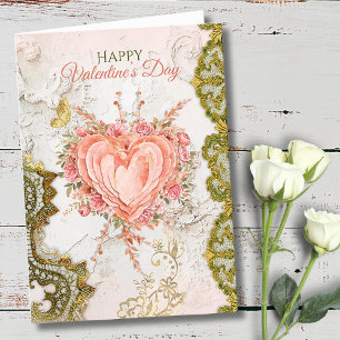 Cartes Pour Fêtes Annuelles Rococo Floral au Teint de Rose Cœur Galentine Dent