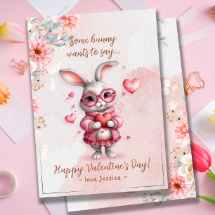 Cartes Pour Fêtes Annuelles Romantique Lapin Rose & Coeurs Saint Valentin