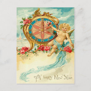 Cartes Pour Fêtes Annuelles Rose d'ange chérubin Horloge Nouvel An