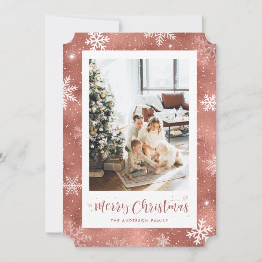 Cartes Pour Fêtes Annuelles Rose Gold Foil Snowflake Photo Joyeux Noël (Devant)