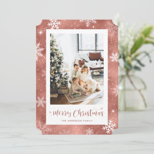 Cartes Pour Fêtes Annuelles Rose Gold Foil Snowflake Photo Joyeux Noël (Debout devant)