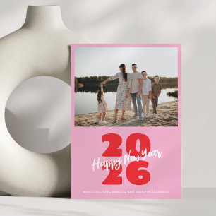 Cartes Pour Fêtes Annuelles Rose Moderne Rouge Famille Nouvel An Photo Ludique