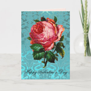 Cartes Pour Fêtes Annuelles ROSE PINK SUR DAMAS BLEU AQUA Saint-Valentin