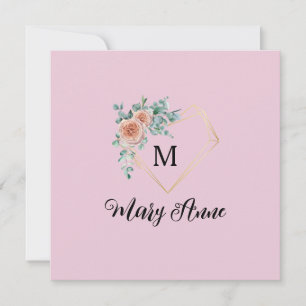 Cartes Pour Fêtes Annuelles Roses Roses Roses Cœur Doré Monogramme et Nom