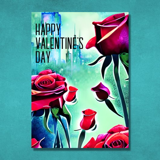 Cartes Pour Fêtes Annuelles Roses rouges modernes avec Cityscape Saint-Valenti