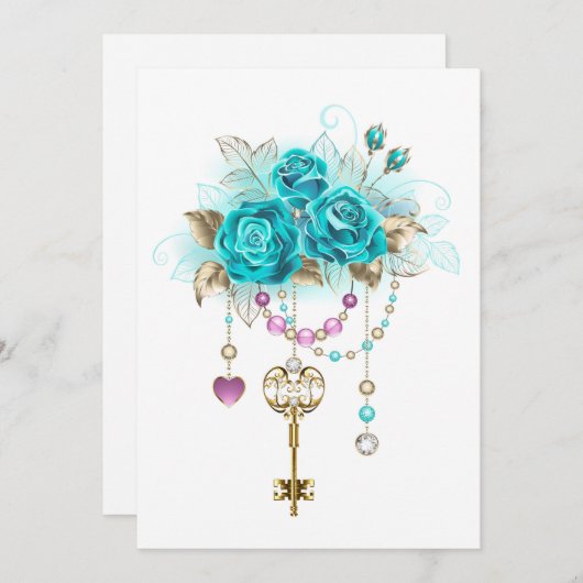 Cartes Pour Fêtes Annuelles Roses turquoise avec touches (Devant / Derrière)