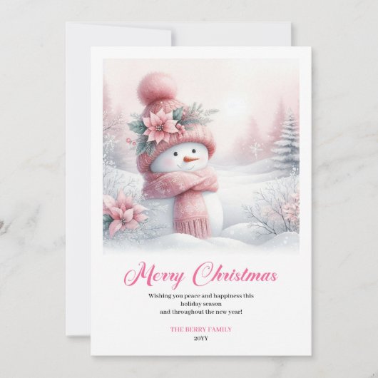 Cartes Pour Fêtes Annuelles Rosy snowy pink snowman kids card digital editable (Devant)