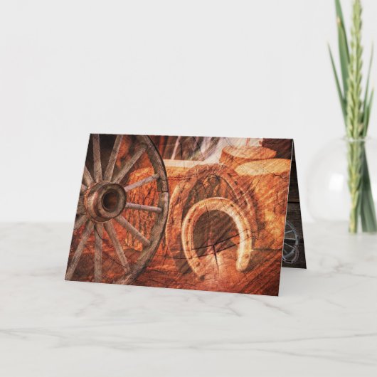 Cartes Pour Fêtes Annuelles Roue en Wagon Rustique Horseshoes Style Occidental (Devant)