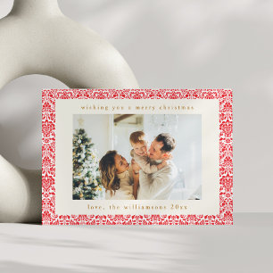 Cartes Pour Fêtes Annuelles Rouge Antique Damask Festif Deux Photos Noël