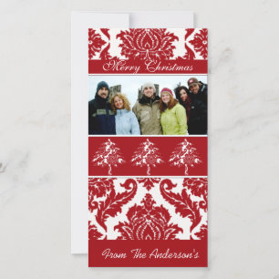 Cartes Pour Fêtes Annuelles Rouge & Blanc Damask Pine Holiday Photos de famill