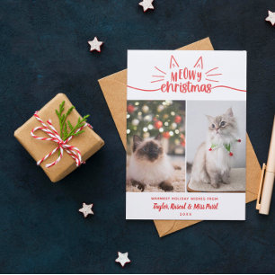 Cartes Pour Fêtes Annuelles Rouge Blanc Meowy Noël 2 Chat Photos Noël