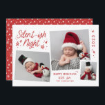 Cartes Pour Fêtes Annuelles Rouge blanc Script Silent-ish Night 3 Photo Collag<br><div class="desc">Doté d'étoiles dessinées à la main,  d'une typographie fantaisiste et d'une disposition unique de 3 photos. Est accompagné d'un motif correspondant sur le dos.</div>