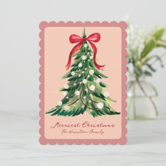Cartes Pour Fêtes Annuelles Rouge Coquette Ornate Rococo Bow Christmas tree (Debout devant)