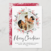 Cartes Pour Fêtes Annuelles Rouge Élégant couronne botanique Script de Noël (Devant / Derrière)