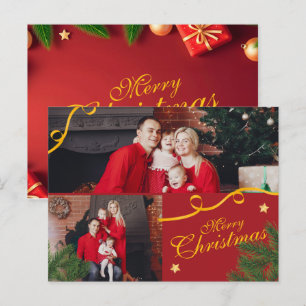 Cartes Pour Fêtes Annuelles Rouge et Or Photo Famille Joyeux Noël Heureux
